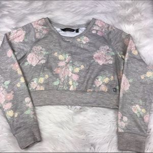 KardashianKollection Cropped, Gray, Floral Sweater